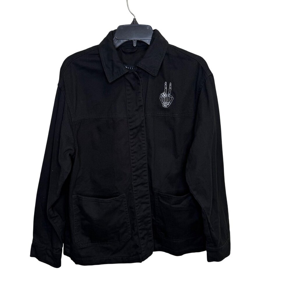 Asos Design Black Jacket With Skeleton Hand Embroidery Womens Sz 4 Snap Closure